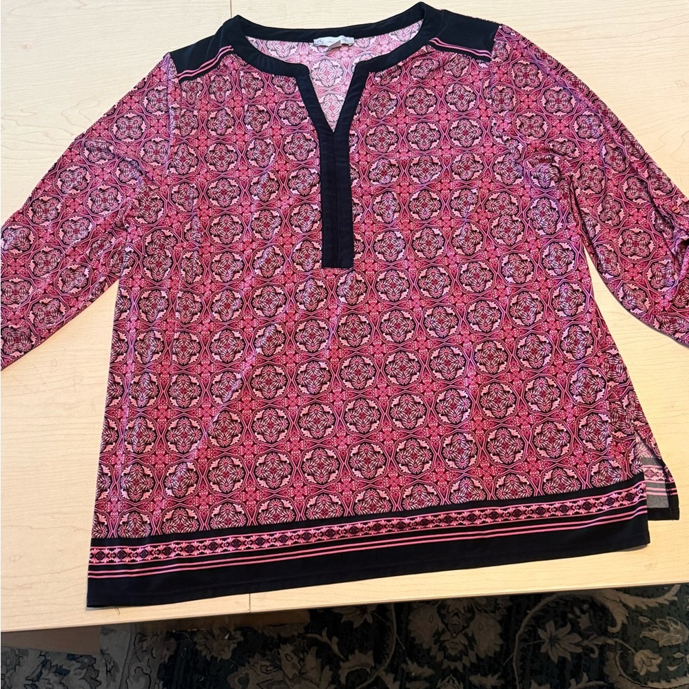 Printed Pink Black-Trim Women's Tunic Top